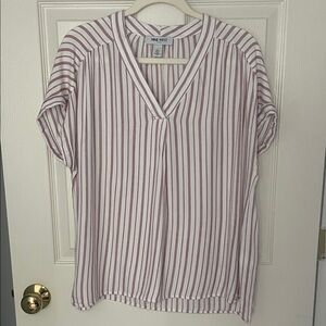 Nine West White Blouse with Maroon Vertical Stripes